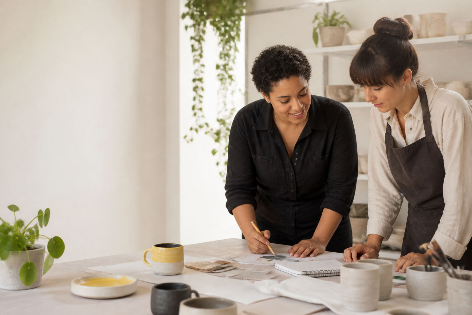 Two independent business owners collaborating at a shared workspace.